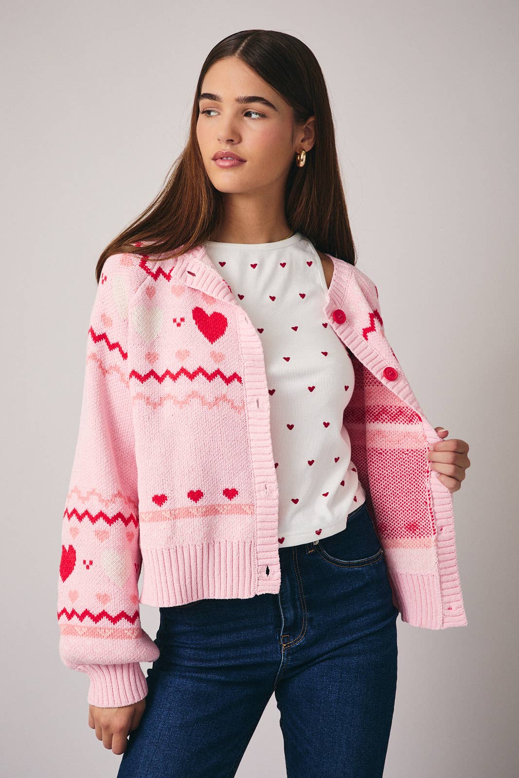 ROUND NECK LONG SLEEVE "HEART" PATTERN SWEATER CARDIGAN: PINK