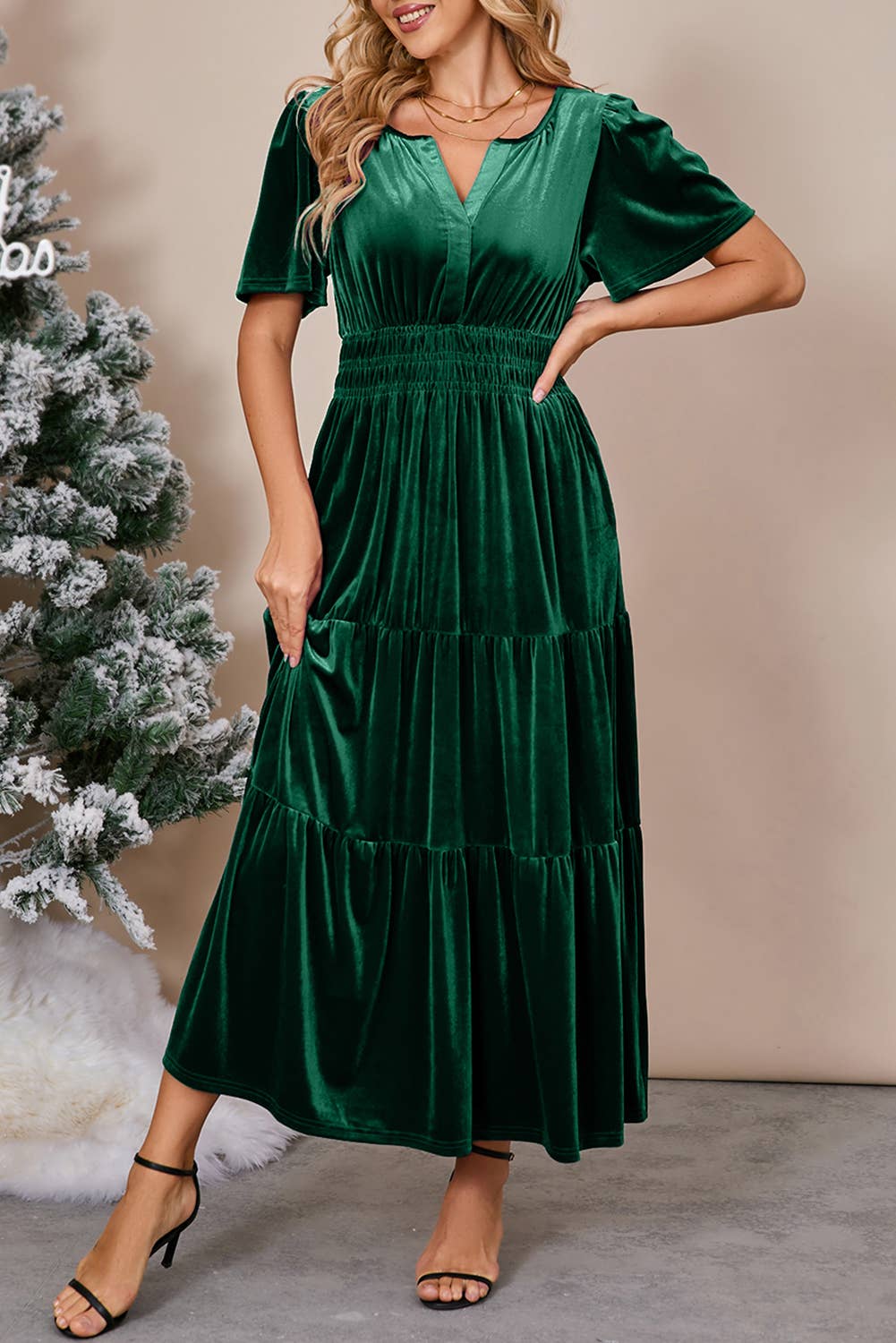 Chic Velvet Shirred Waist Tiered Fall Maxi Dress