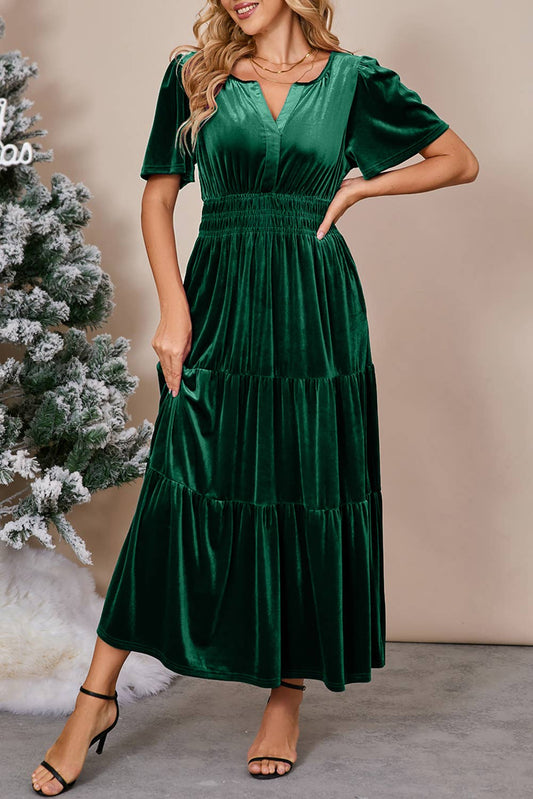 Chic Velvet Shirred Waist Tiered Fall Maxi Dress