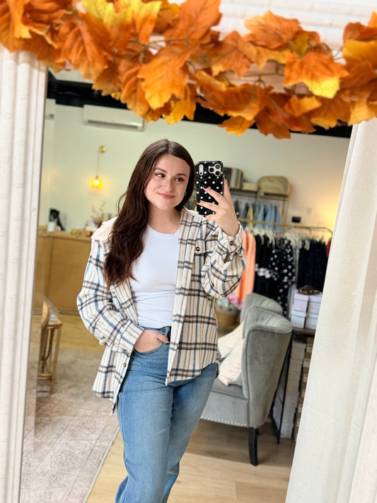 Cream & Navy Plaid Flannel Hoodie