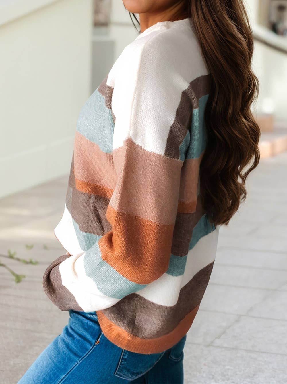 Striped Color Block Knit Drop Shoulder Sweater: White