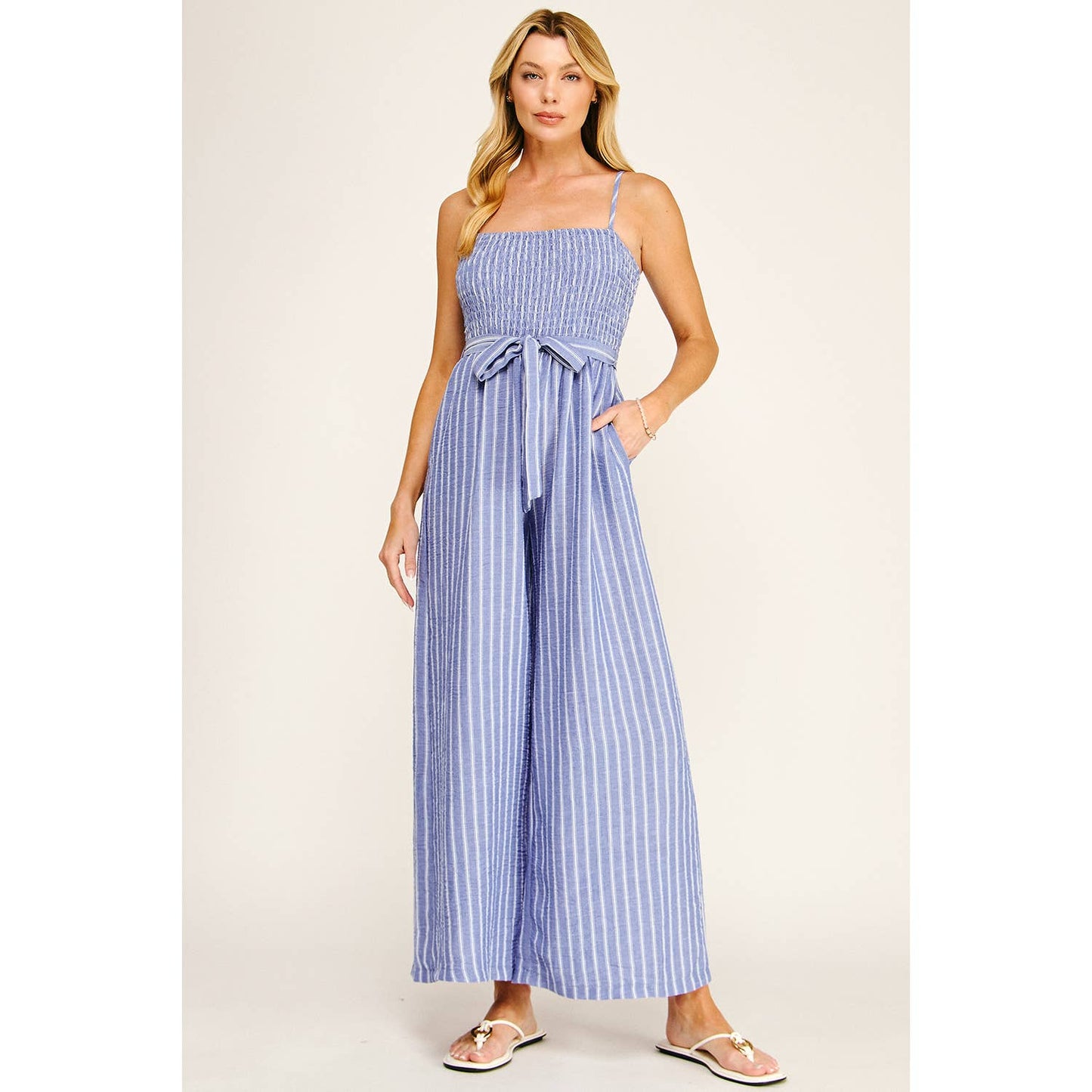Coastal Stripe Smocked Wide Leg Jumpsuit: Blue