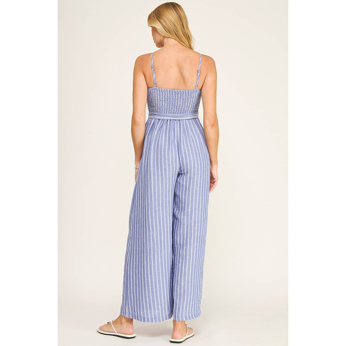 Coastal Stripe Smocked Wide Leg Jumpsuit: Blue