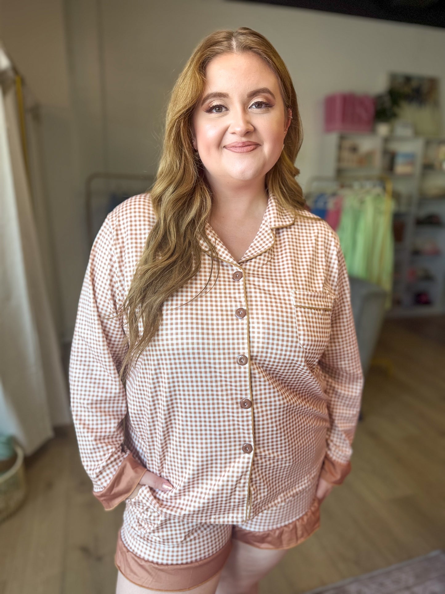 Sweet Dreams Pajama Shorts Set - Maple Gingham