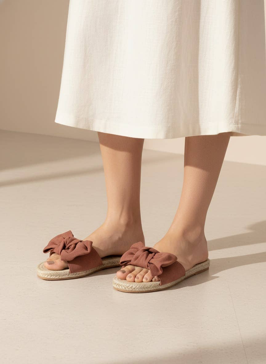 Aileen Oversized Bow Espadrille Slide Sandals: Mocha