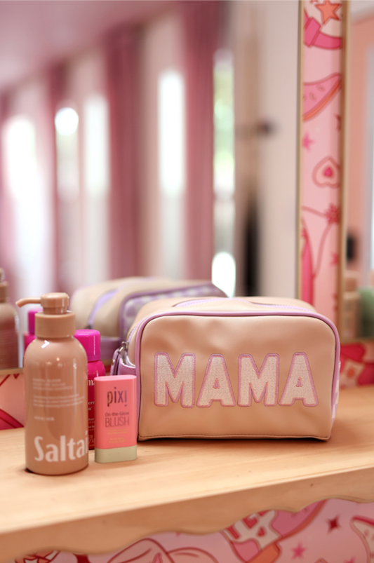 Handle Cosmetic Bag- 'Mama' Embroidered (Lavender/Cream/Tan)