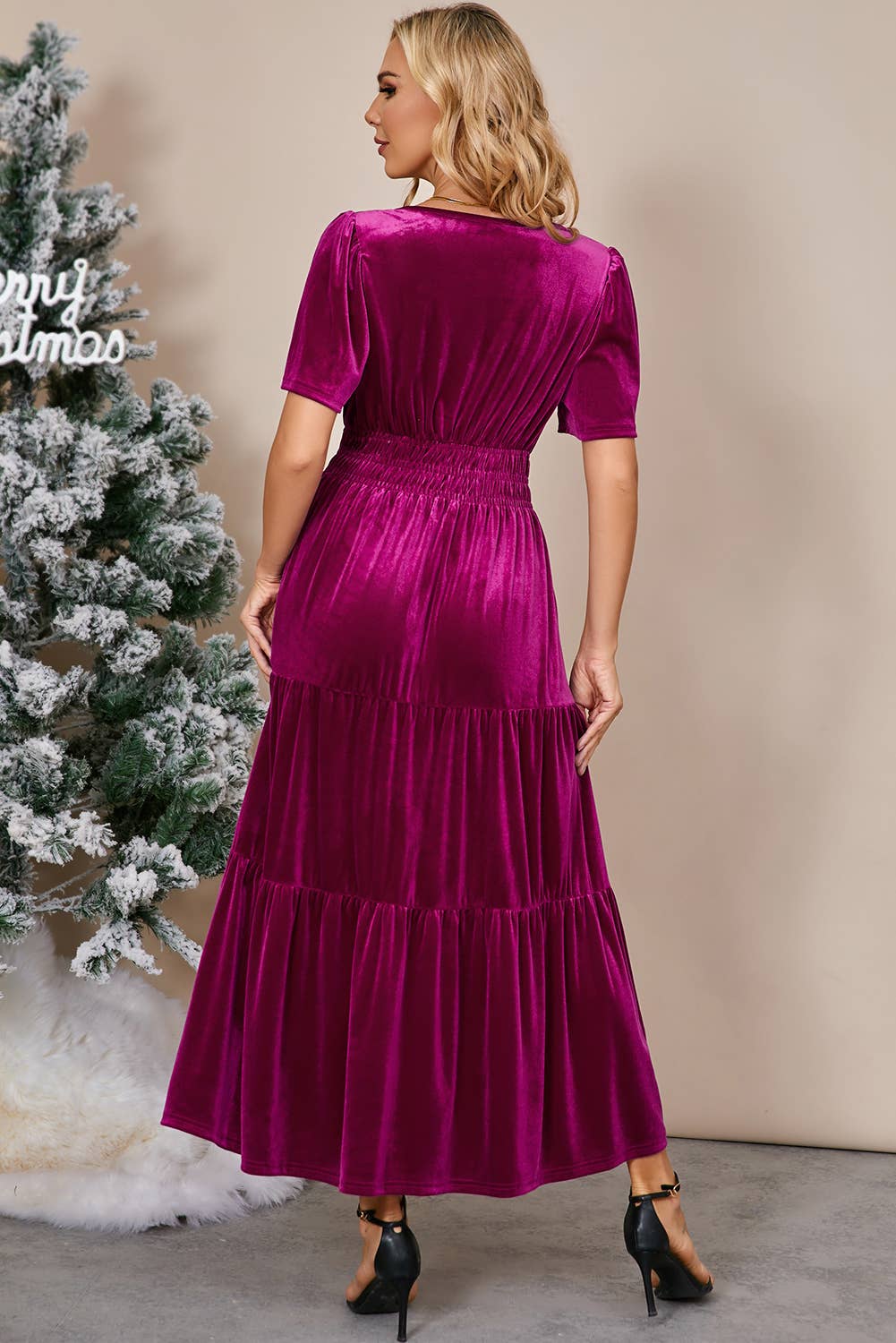 Chic Velvet Shirred Waist Tiered Fall Maxi Dress