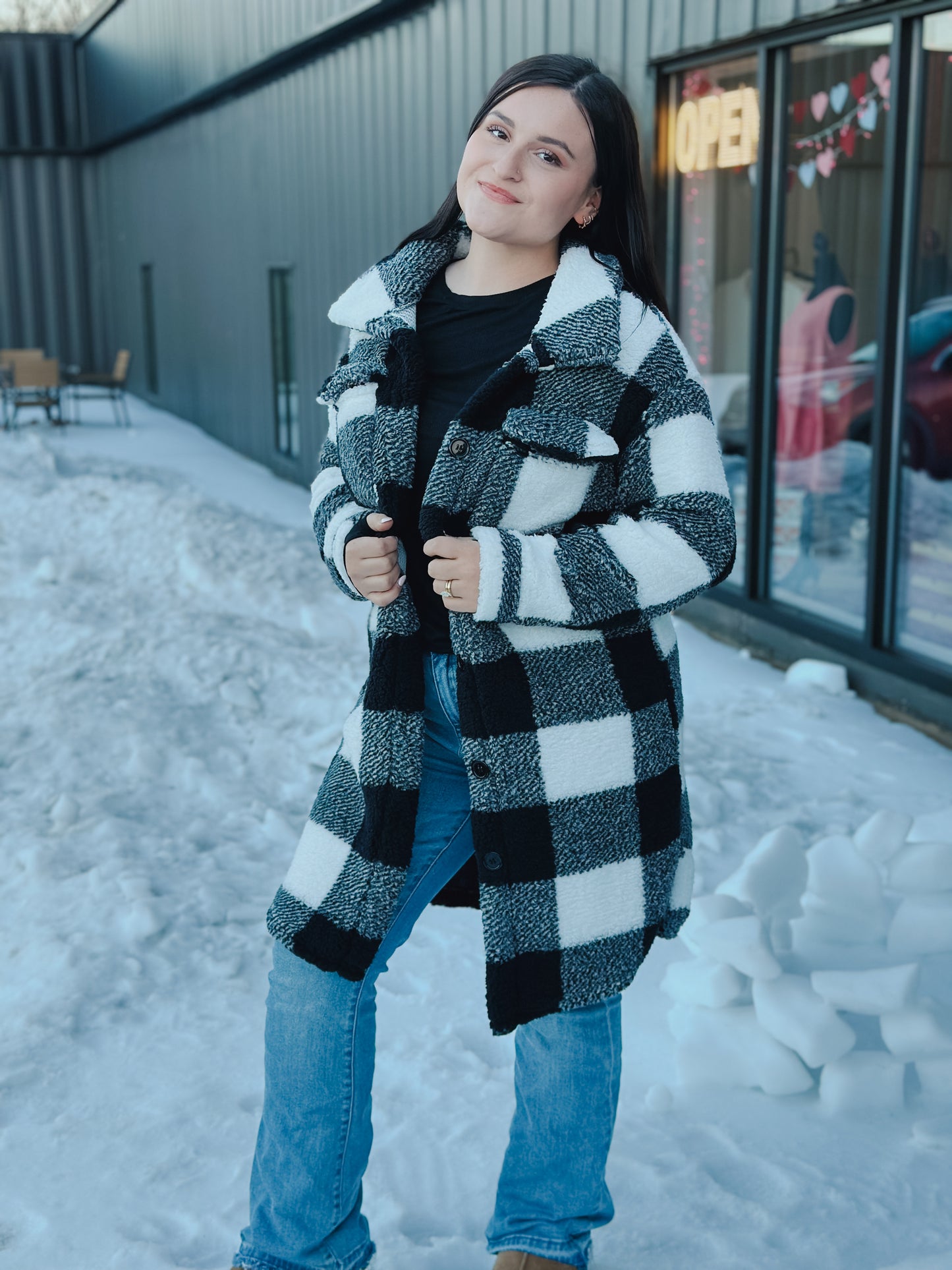 Lapel Plush Plaid Shacket: Black