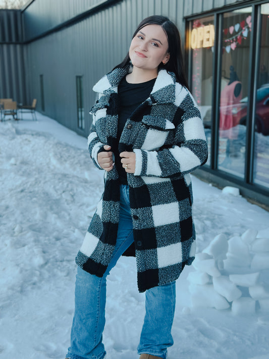 Lapel Plush Plaid Shacket: Black