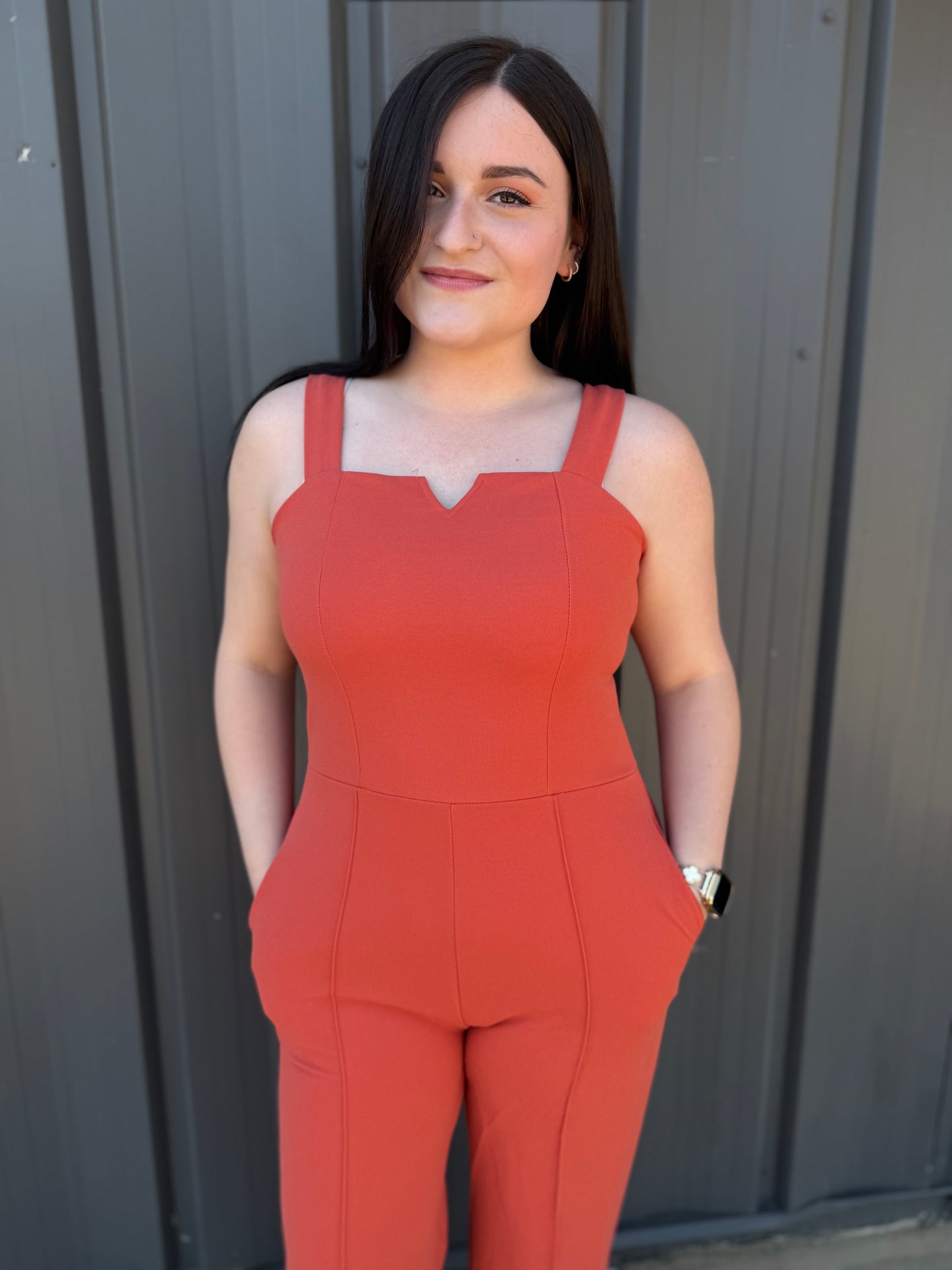Notched Neck Cami Jumpsuit: Rust