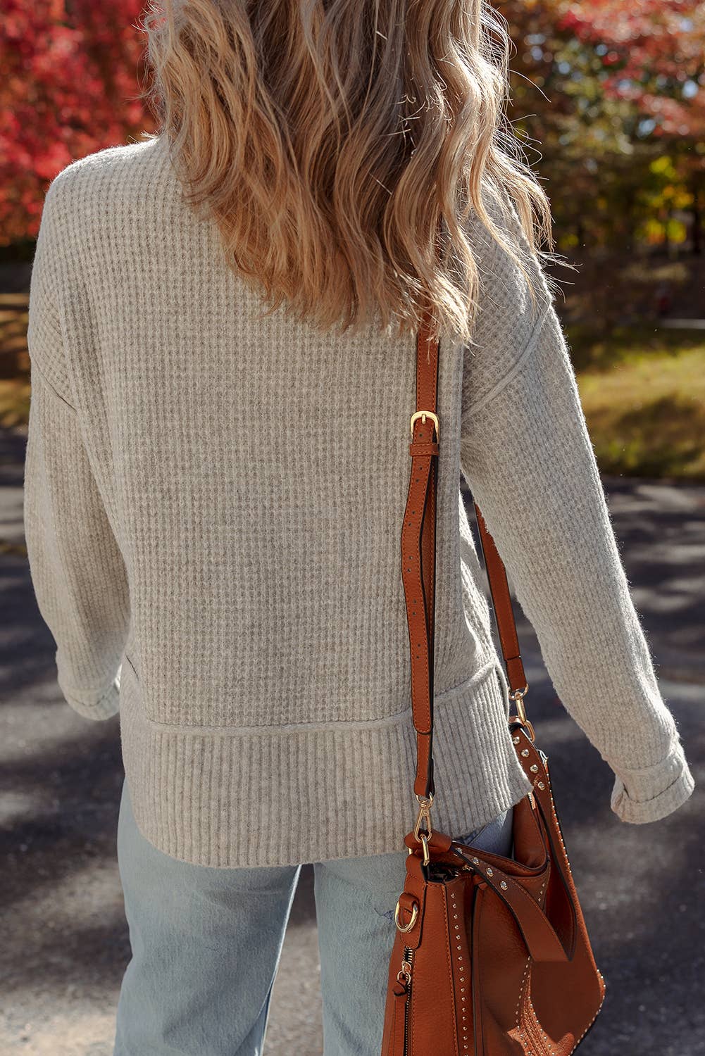 Waffle Texture Knit Ribbed Mock Neck Drop Shoulder Sweater: Gray Morn