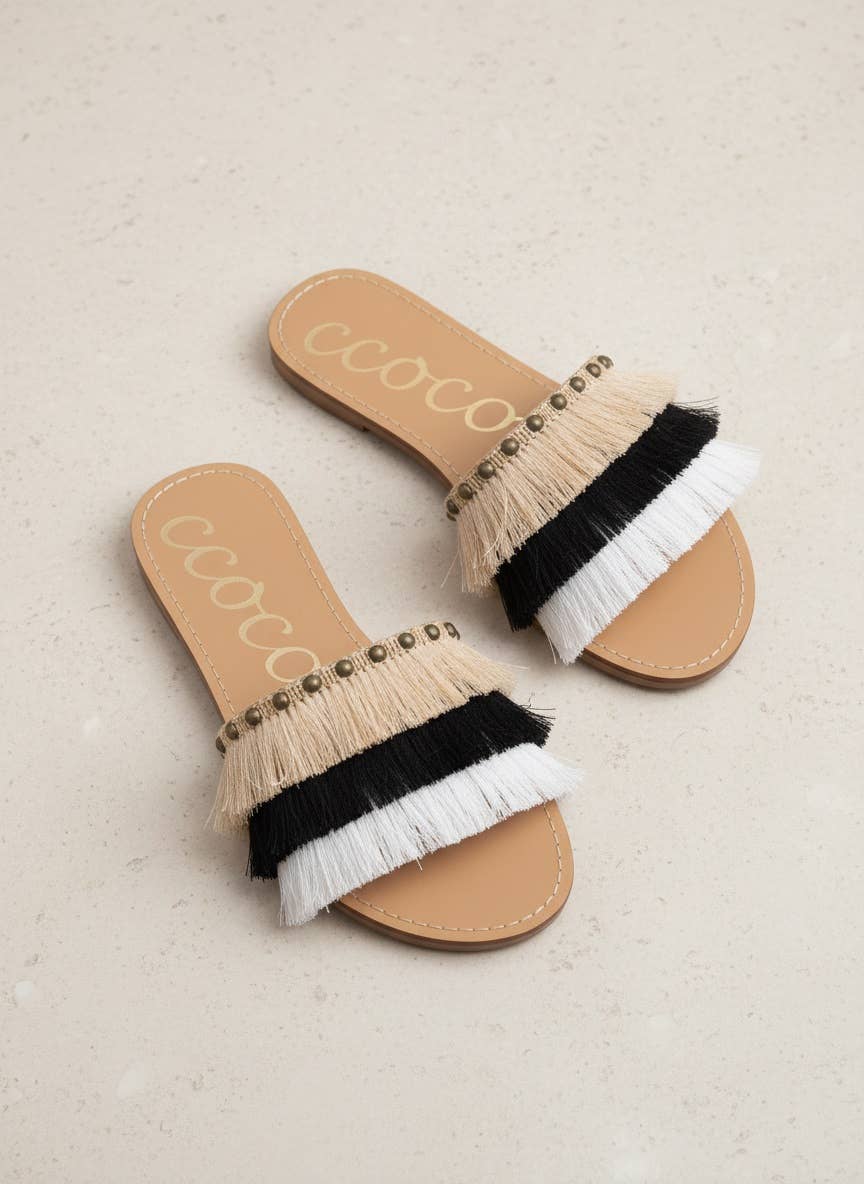 MARGARITA Fringe Tassel Slide Sandals Satin Upper Summer Fla: BLUSH / B12
