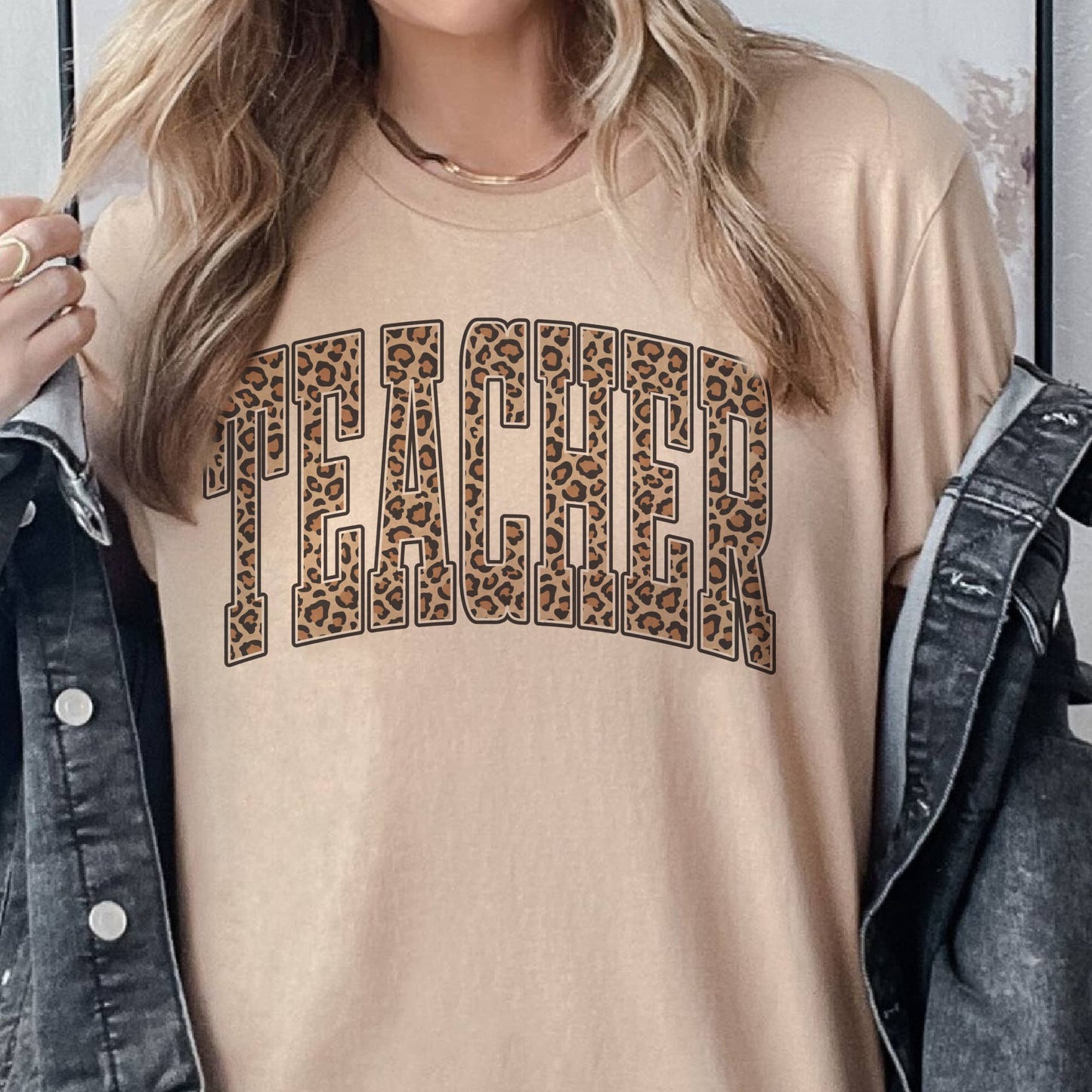Vintage Teacher Leopard Varsity Print School Graphic Tee: Sand Dune