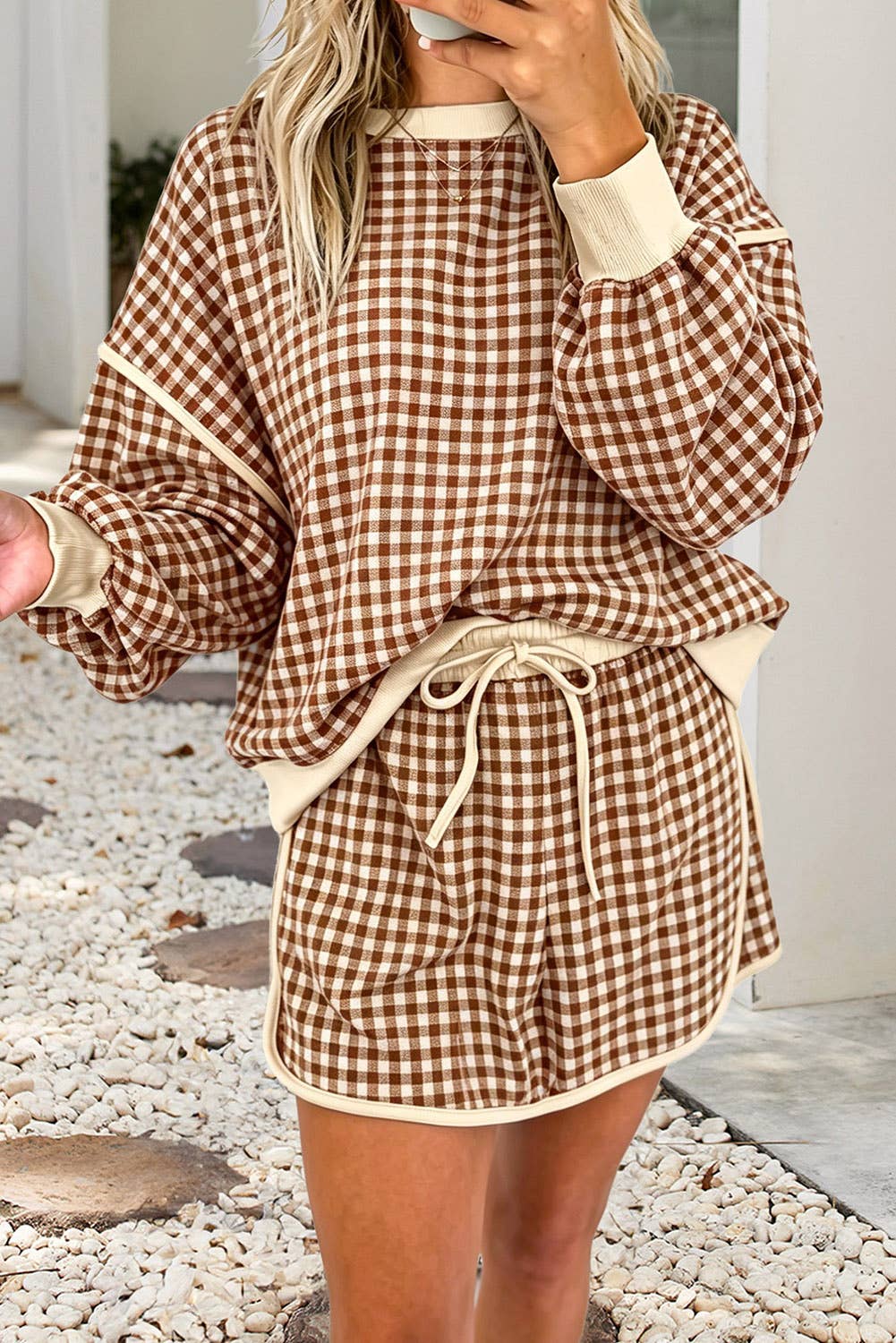 Harvest Days Oversized Top and Skirt Set: Gingham Brown