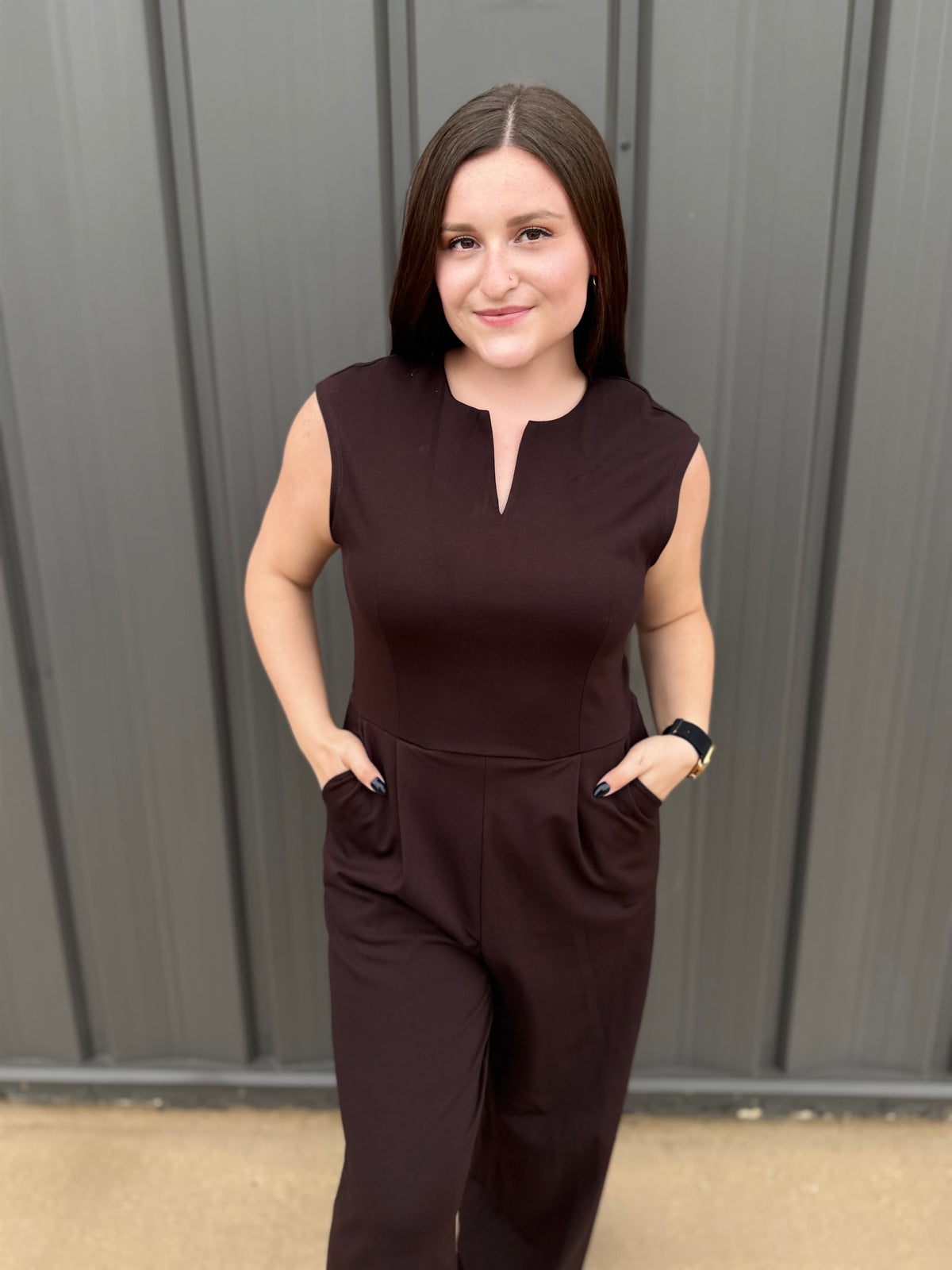 Split Neck Jumpsuit: Dark Brown