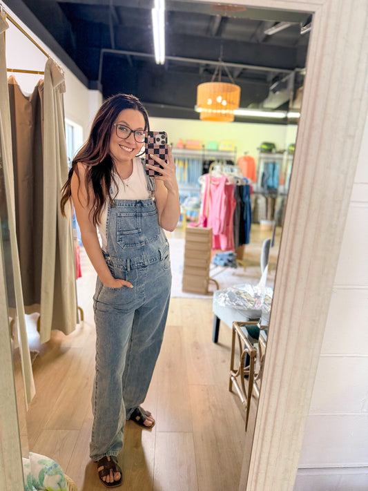 90s Patched Pocket Denim Overalls: Lt. Wash