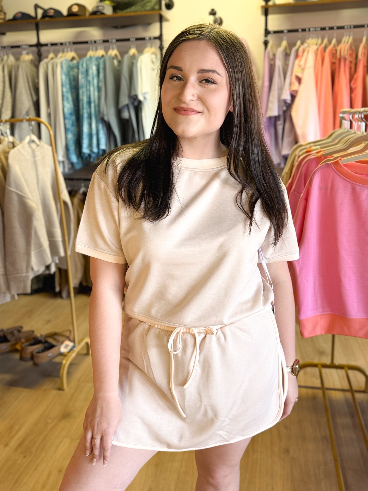 Scuba Beige and White Contrast Top and Skirt Set: Beige