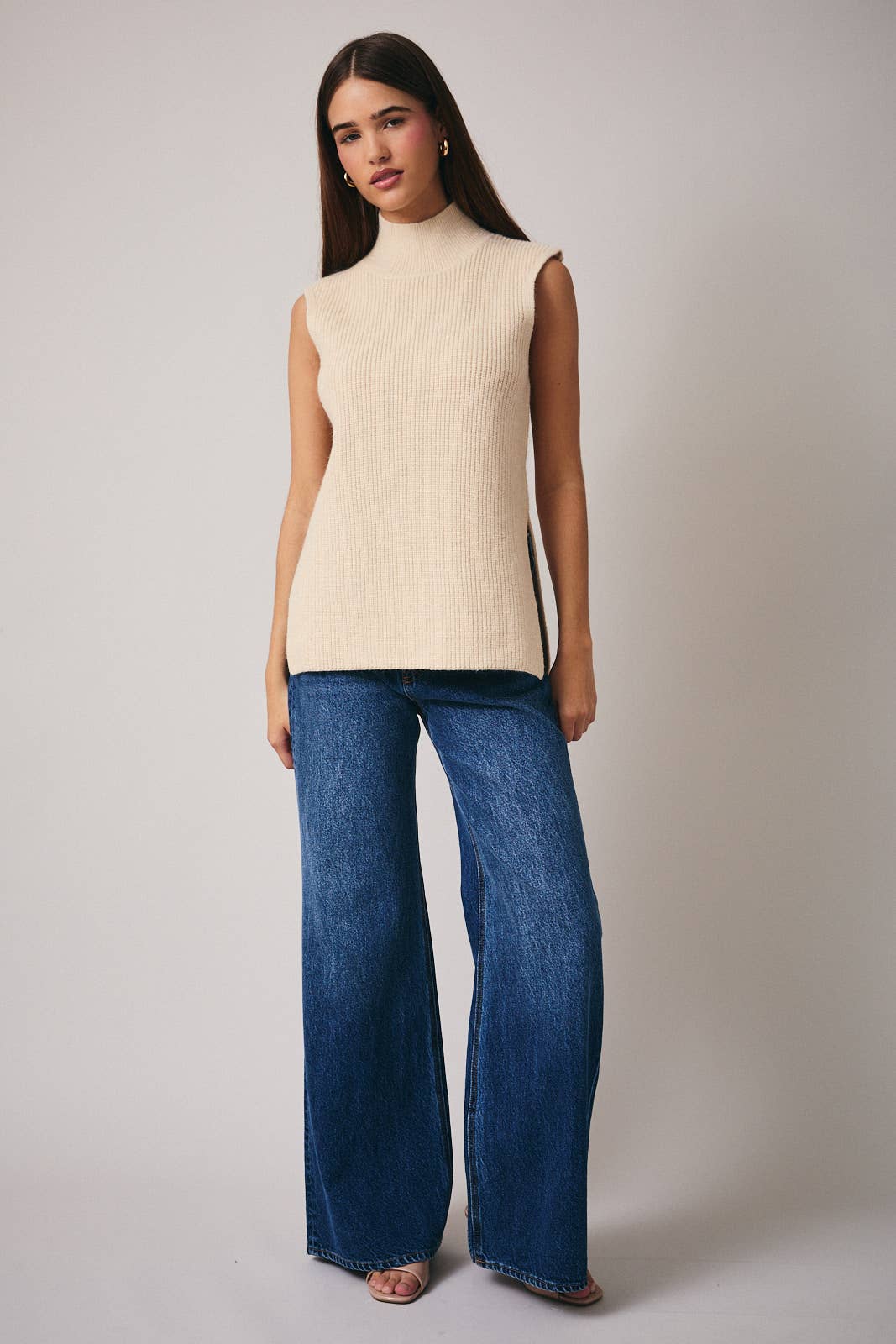 High Neck Sleeveless Sweater Top: Cream