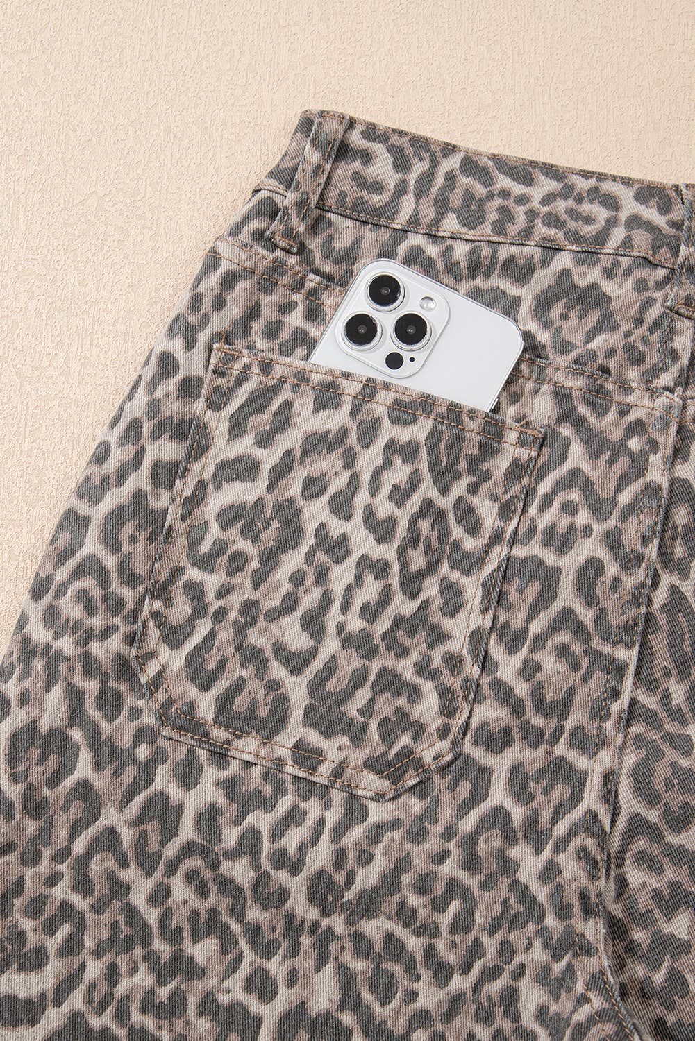 Spring Leopard Frayed Edge Wide Leg High Waist Jeans: Brown