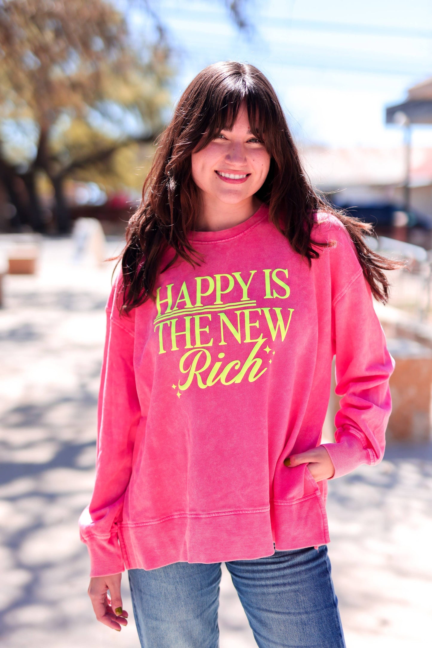 Happy Is The New Rich (Deep Coral) - Mineral Wash Pullover