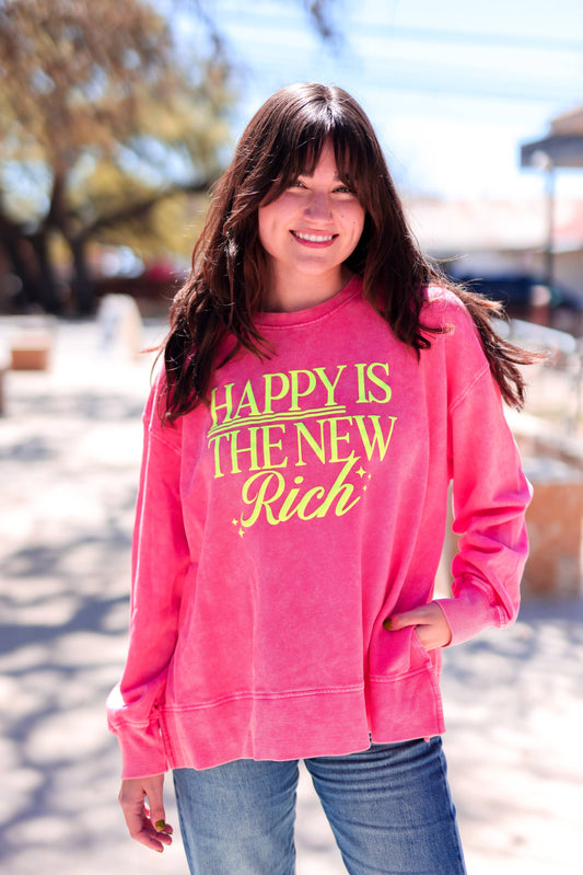 Happy Is The New Rich (Deep Coral) - Mineral Wash Pullover