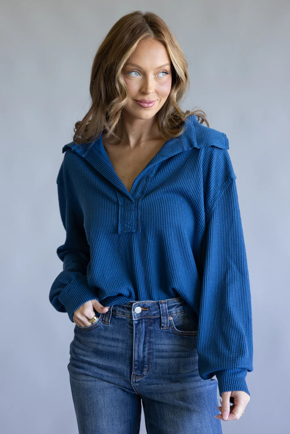 Simply Southern Knit Collar Top - Dark Blue