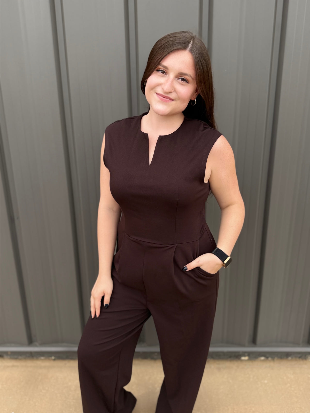 Split Neck Jumpsuit: Dark Brown