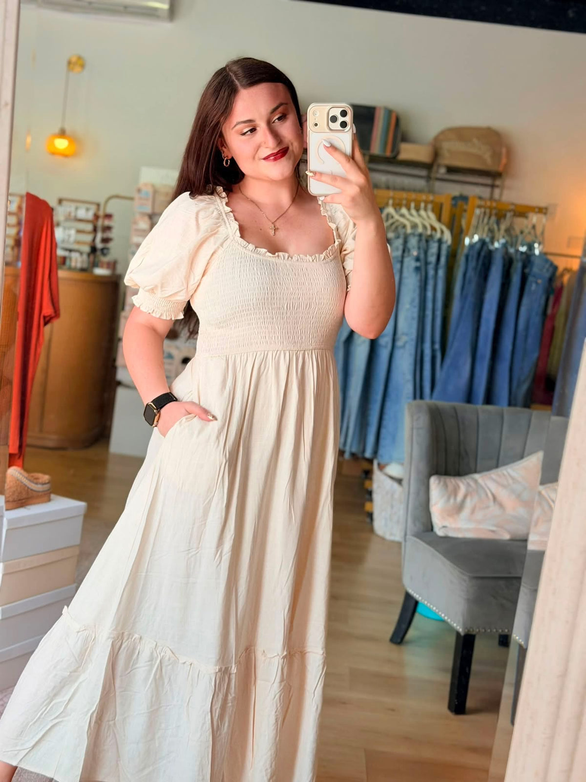 Anne Smocked Puff Sleeve Midi Dress: Cream