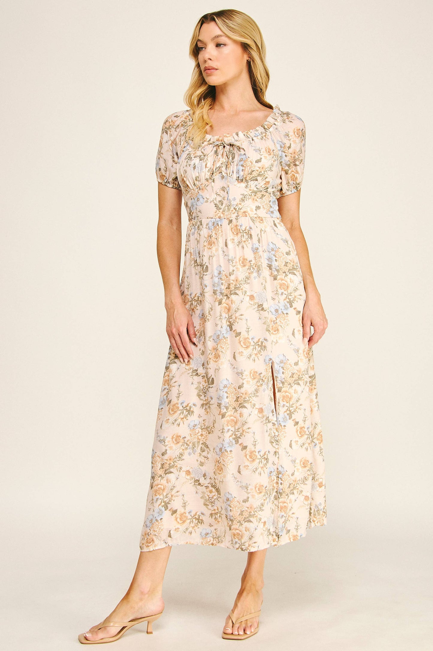 Sunlit Meadow Floral Maxi Dress: Tan