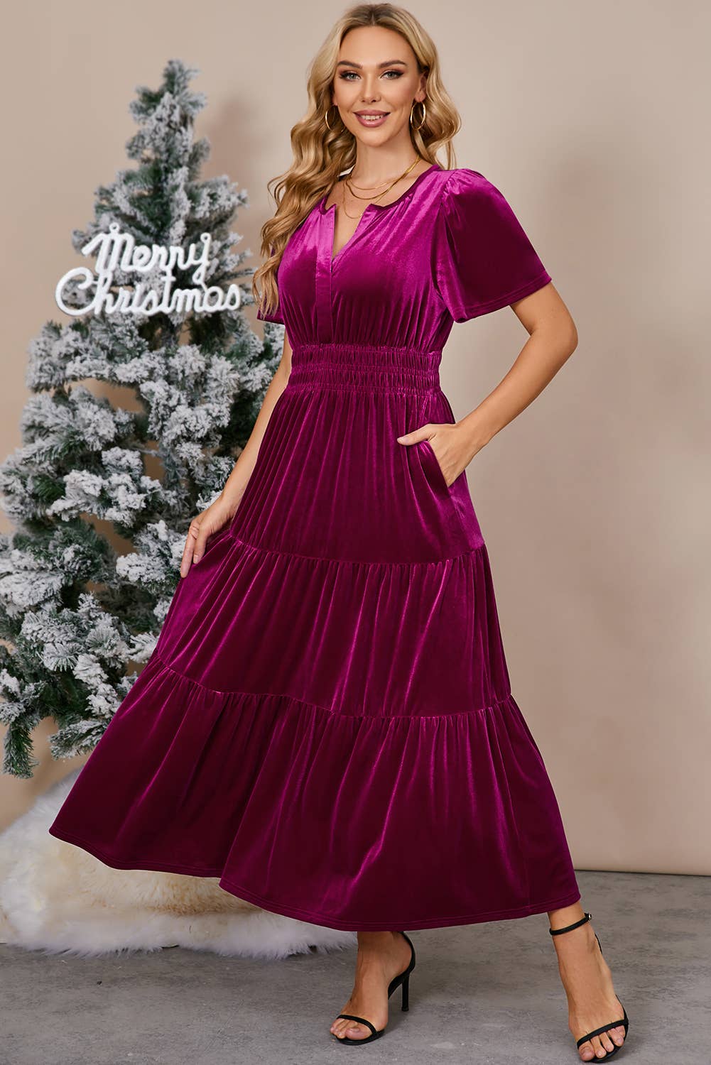Chic Velvet Shirred Waist Tiered Fall Maxi Dress