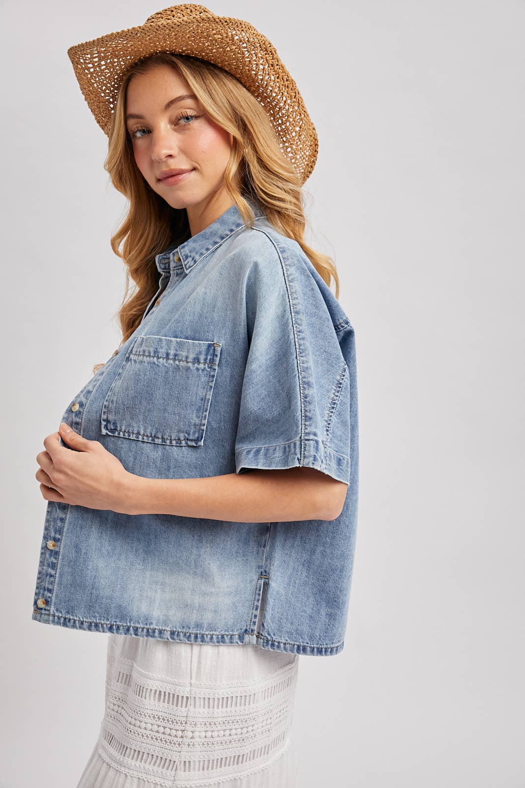 Denim Button Down Short Sleeve Boxy Shirt: Lt. Wash