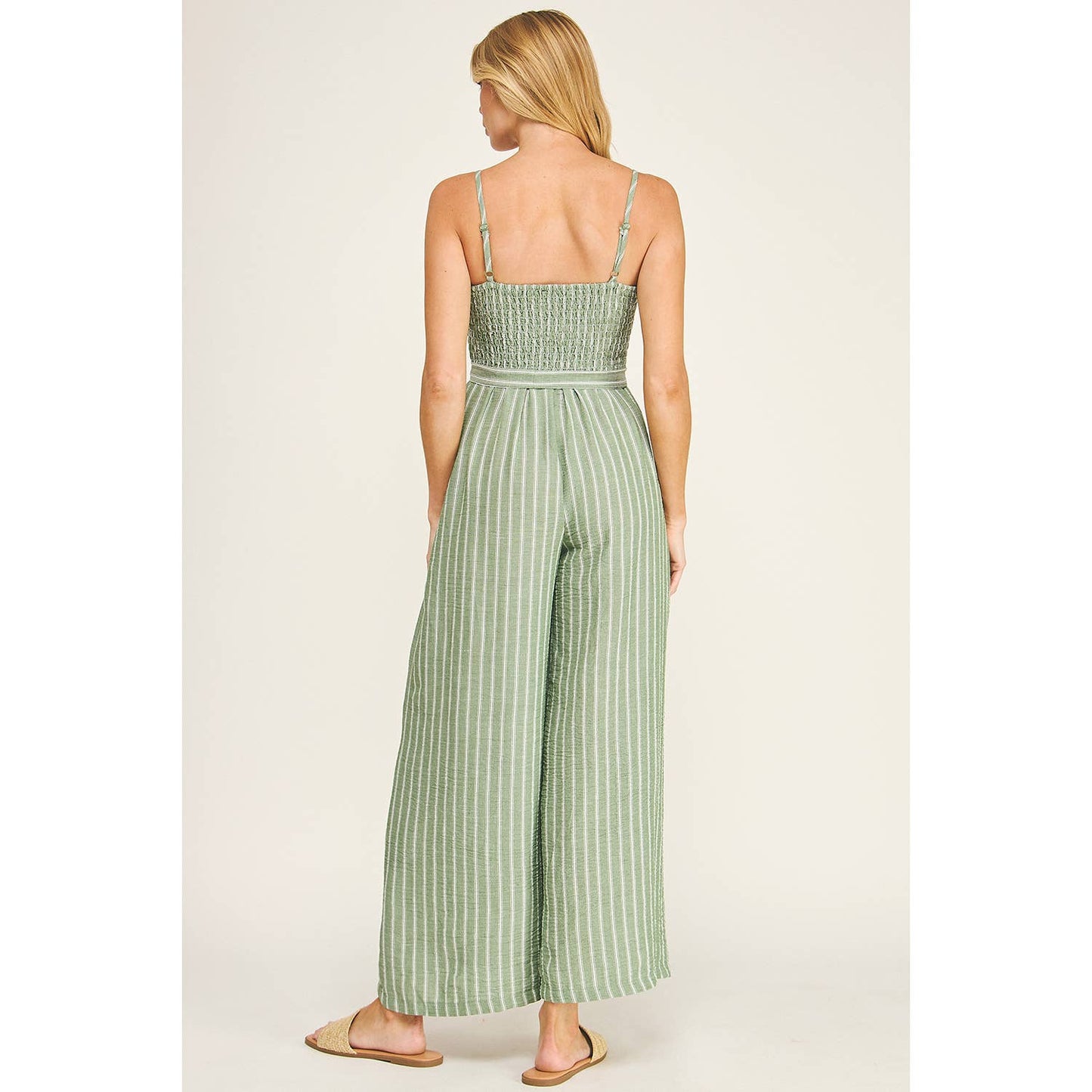 Coastal Stripe Smocked Wide Leg Jumpsuit: Sage