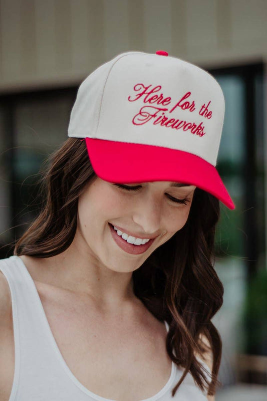 Here For The Fireworks 4th of July Hat: Red and Tan