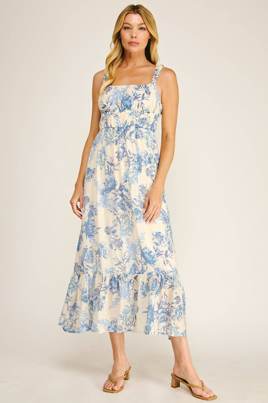 Juliette Soft Blue Floral Midmaxi Dress - Blue/Cream