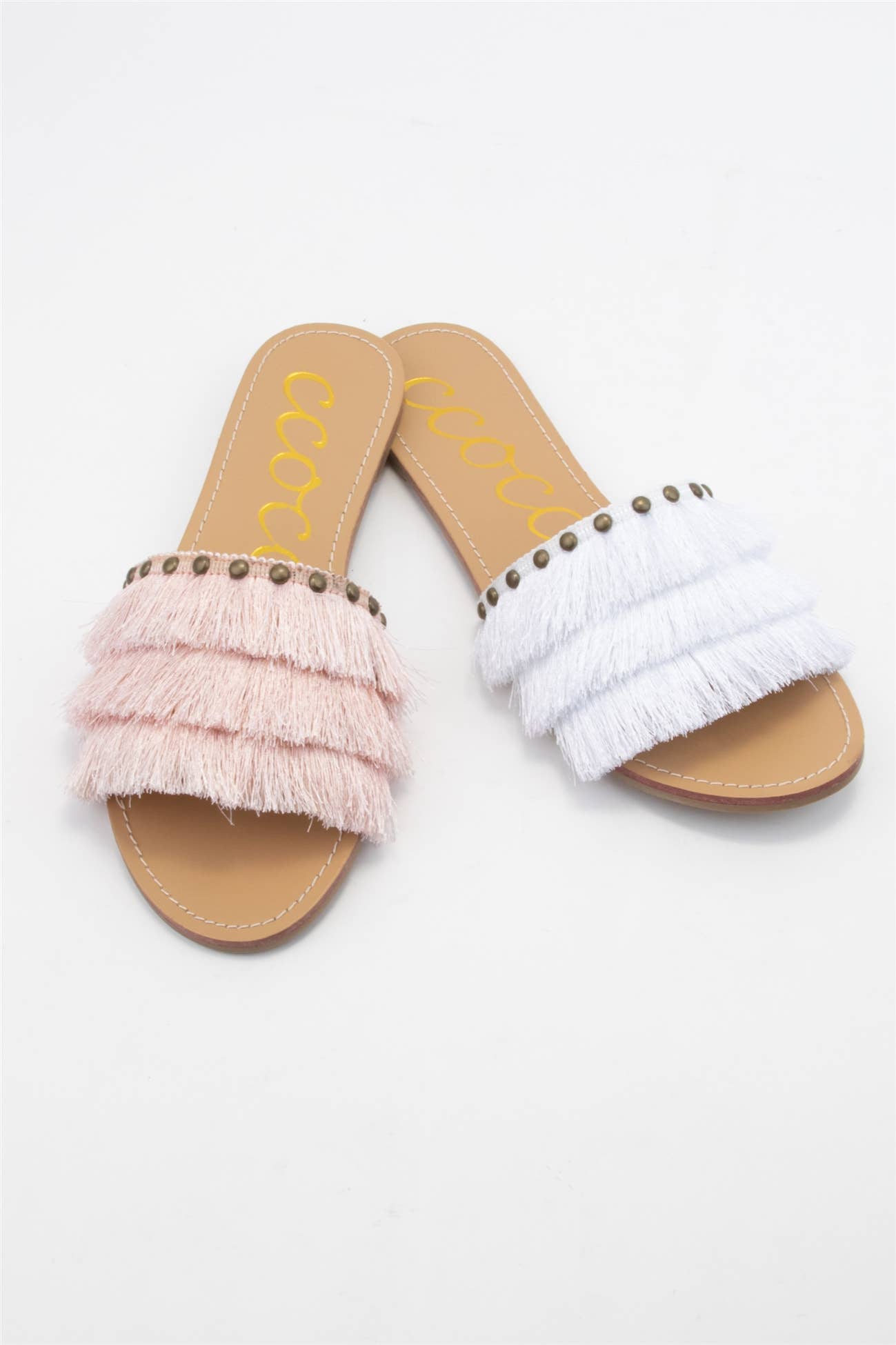 MARGARITA Fringe Tassel Slide Sandals Satin Upper Summer Fla: BLUSH / B12