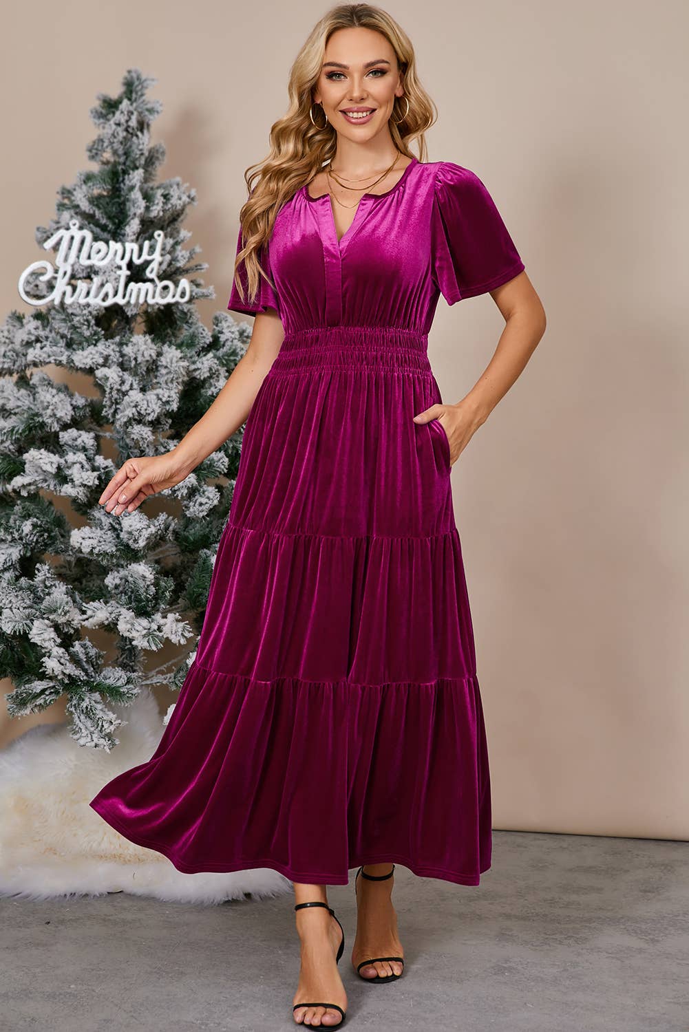 Chic Velvet Shirred Waist Tiered Fall Maxi Dress