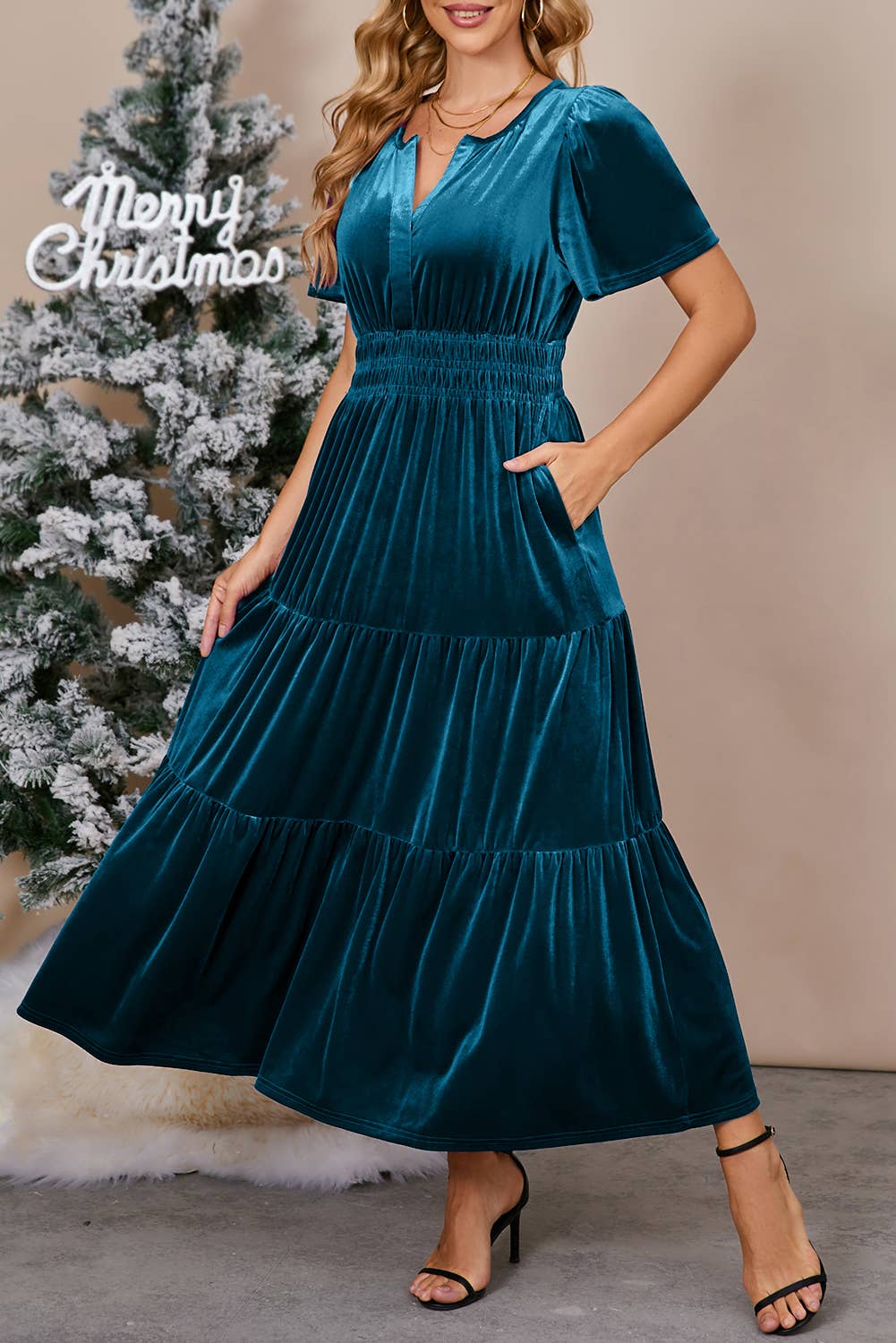 Chic Velvet Shirred Waist Tiered Fall Maxi Dress