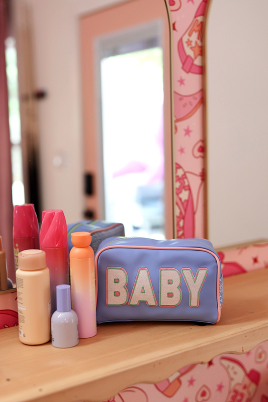 Handle Cosmetic Bag - 'Baby' Embroidered (Blue/Matcha/Coral)