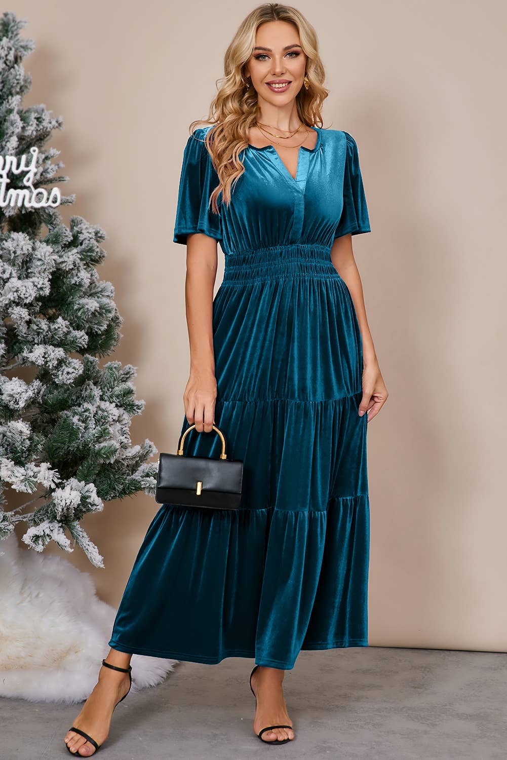 Chic Velvet Shirred Waist Tiered Fall Maxi Dress