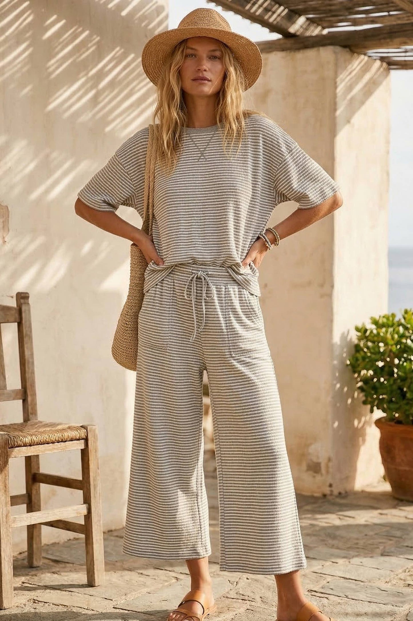 Striped Knit Top and Pants Set: Heather Grey/White