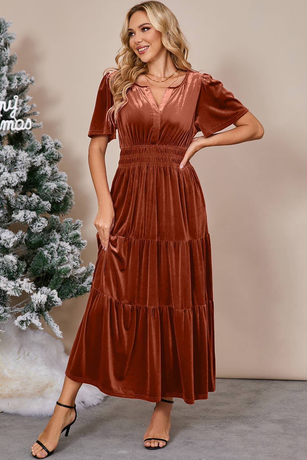 Chic Velvet Shirred Waist Tiered Fall Maxi Dress