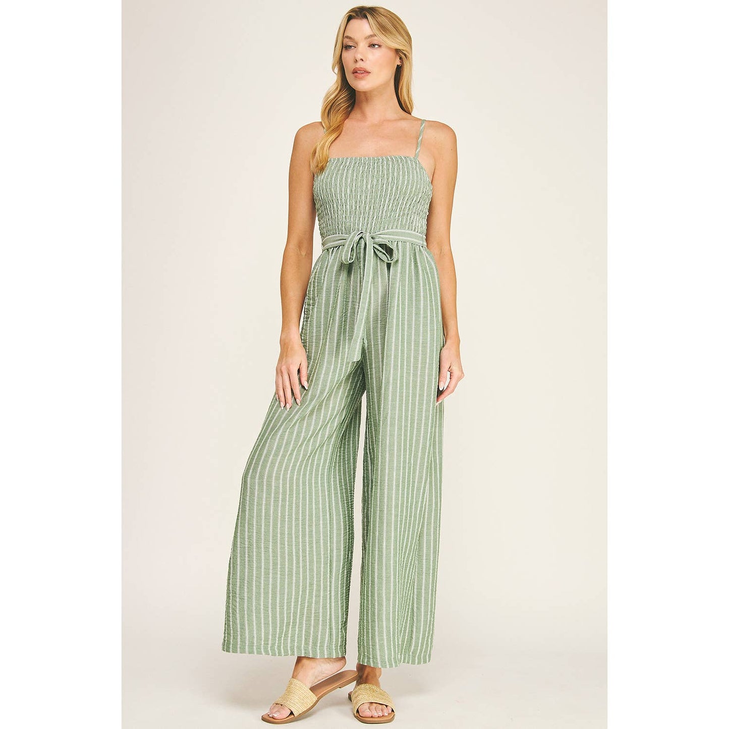 Coastal Stripe Smocked Wide Leg Jumpsuit: Sage