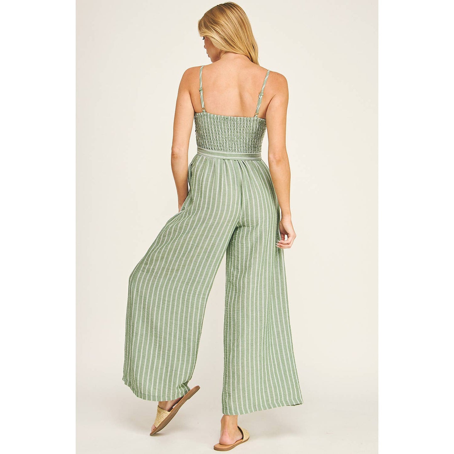 Coastal Stripe Smocked Wide Leg Jumpsuit: Sage