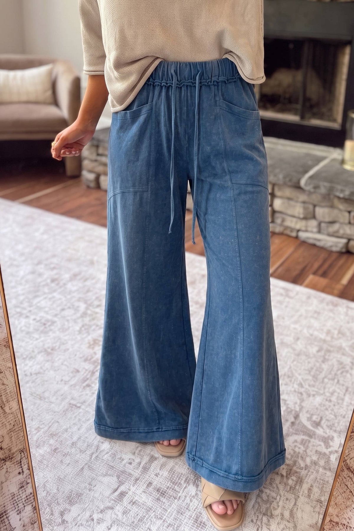 Mineral Wash Seam Detail Flare Leg Drawstring Pants: Ashleigh Blue