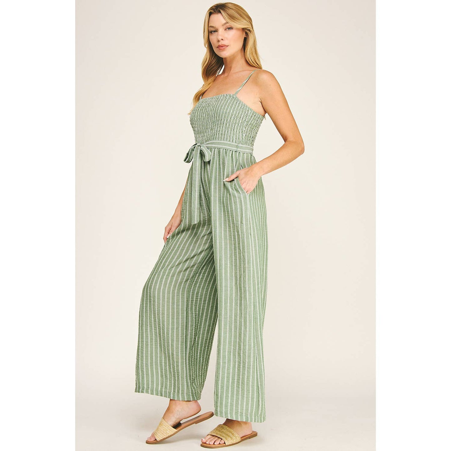 Coastal Stripe Smocked Wide Leg Jumpsuit: Sage