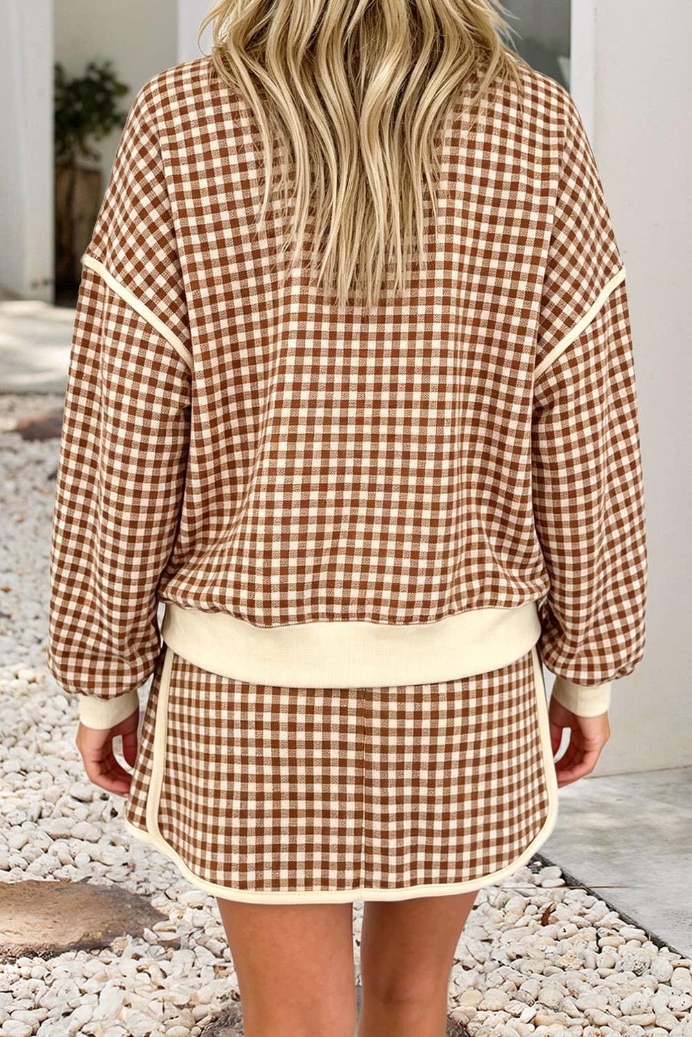 Harvest Days Oversized Top and Skirt Set: Gingham Brown