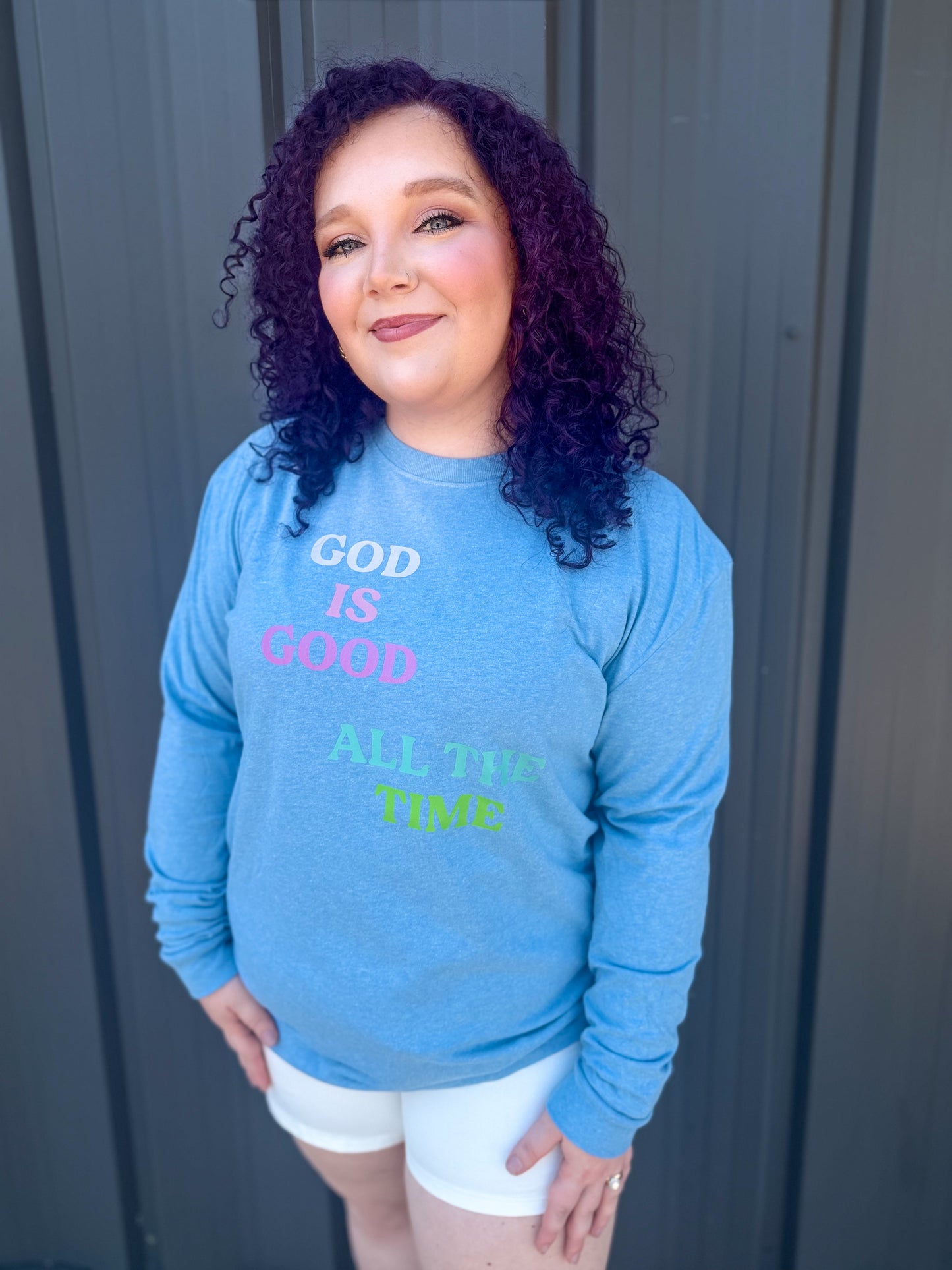 Graphic Tee – God is Good – Blue Heather – Long Sleeve Crew