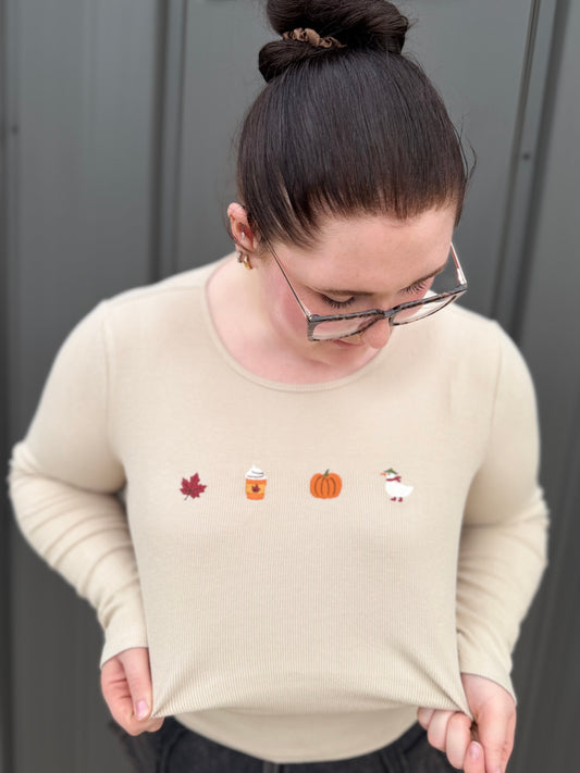 Autumn Favorites Long Sleeve Embroidery Top: Taupe