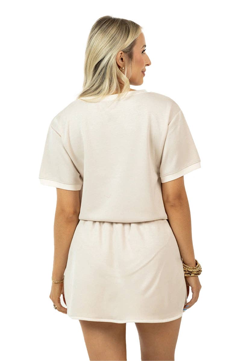 Scuba Beige and White Contrast Top and Skirt Set: Beige