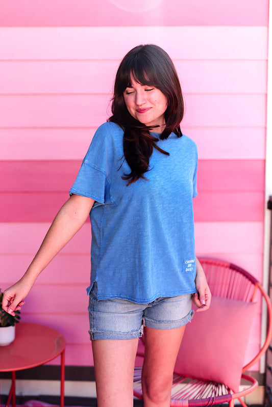 Not So Basic Mineral Wash Tee - Choose Joy Daily - Cobalt